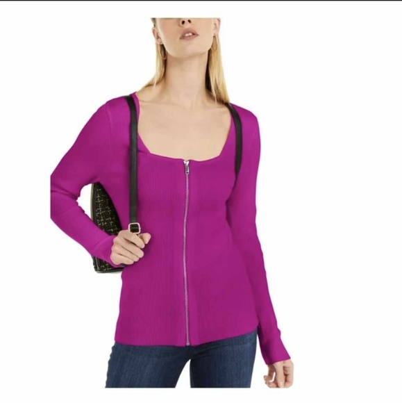 INC Ribbed Square Neck Full Zip Sweater - Picture 1 of 7